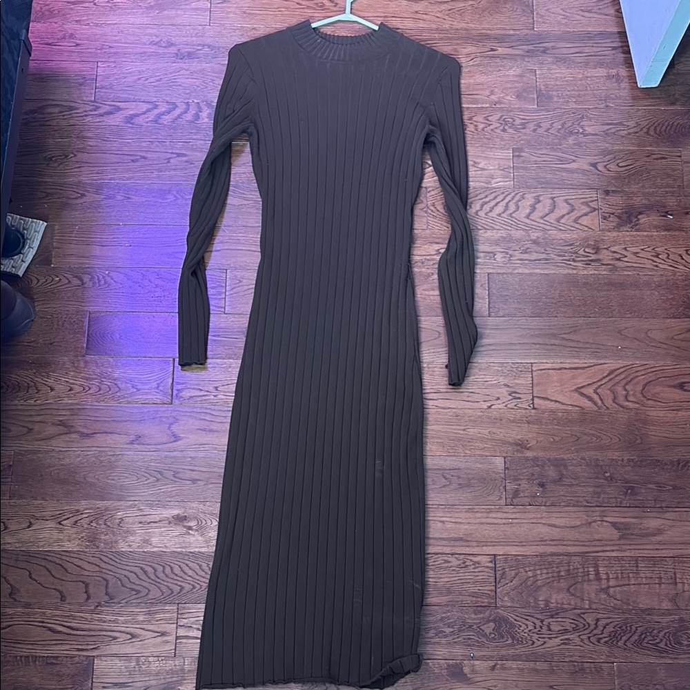 Elegant Warm Olive Ribbed Knit Dress
